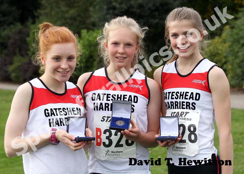 Gateshead Harriers runners up in the undere-15s, from left to right: P Chambers, Ellie Mahon and Kate Waugh, Northern Cross Country Relay, Graves Park, Sheffield.